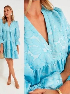 ✨EUC✨Tuckernuck Pomander Place Blue Daisy Jacquard Kenso Tiered Dress Size Large